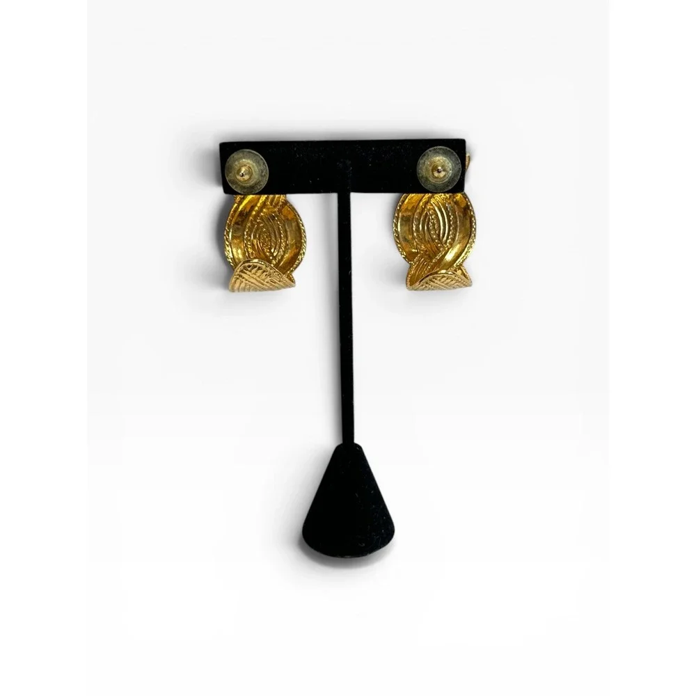 Post Hoop Earrings Gold Tone Textured Chunky Statement Vintage Style
